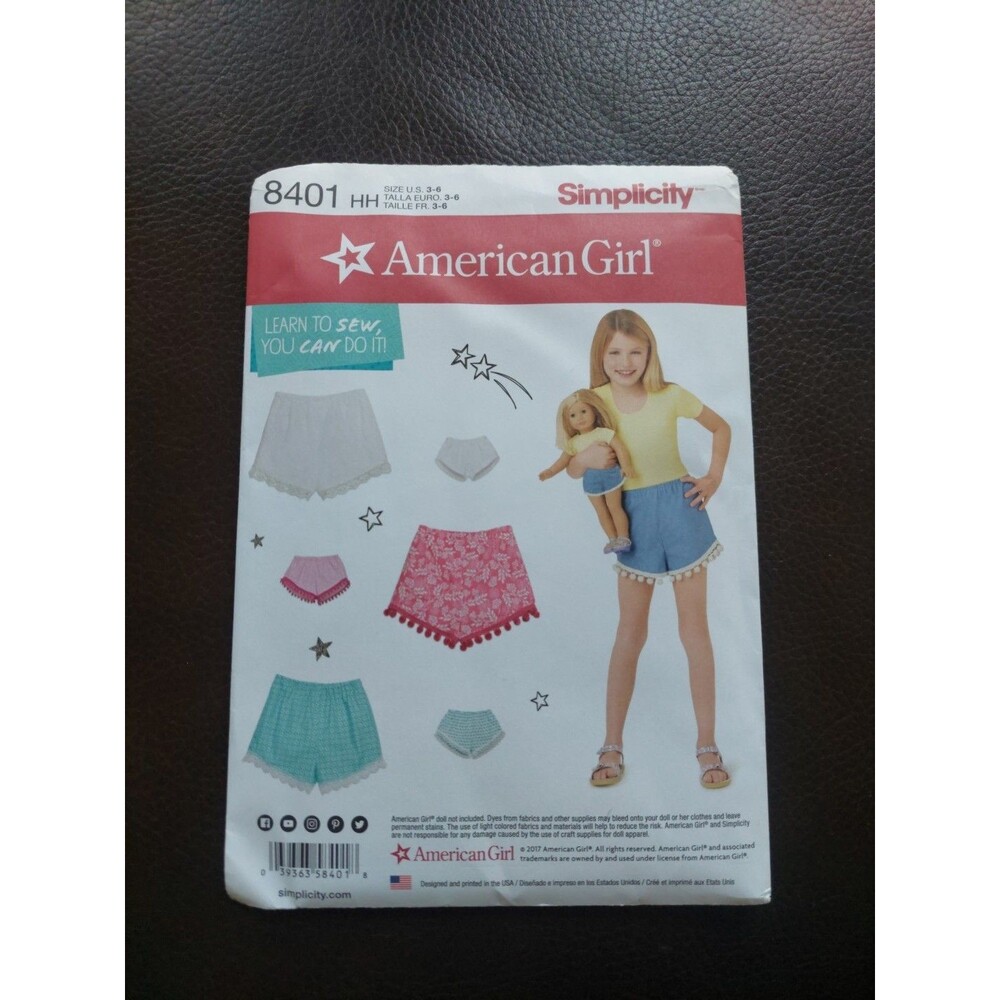 Simplicity American Girl Pattern 8401 18" Doll and Girl's Shorts Learn to Sew
